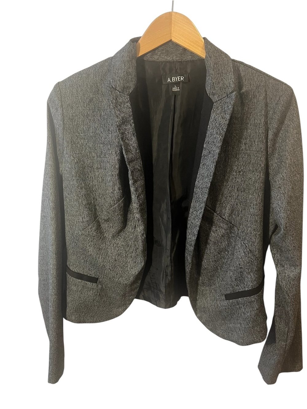 A. Byer Charcoal Gray Open-Front Women's Blazer with Black Trim. Size = Large